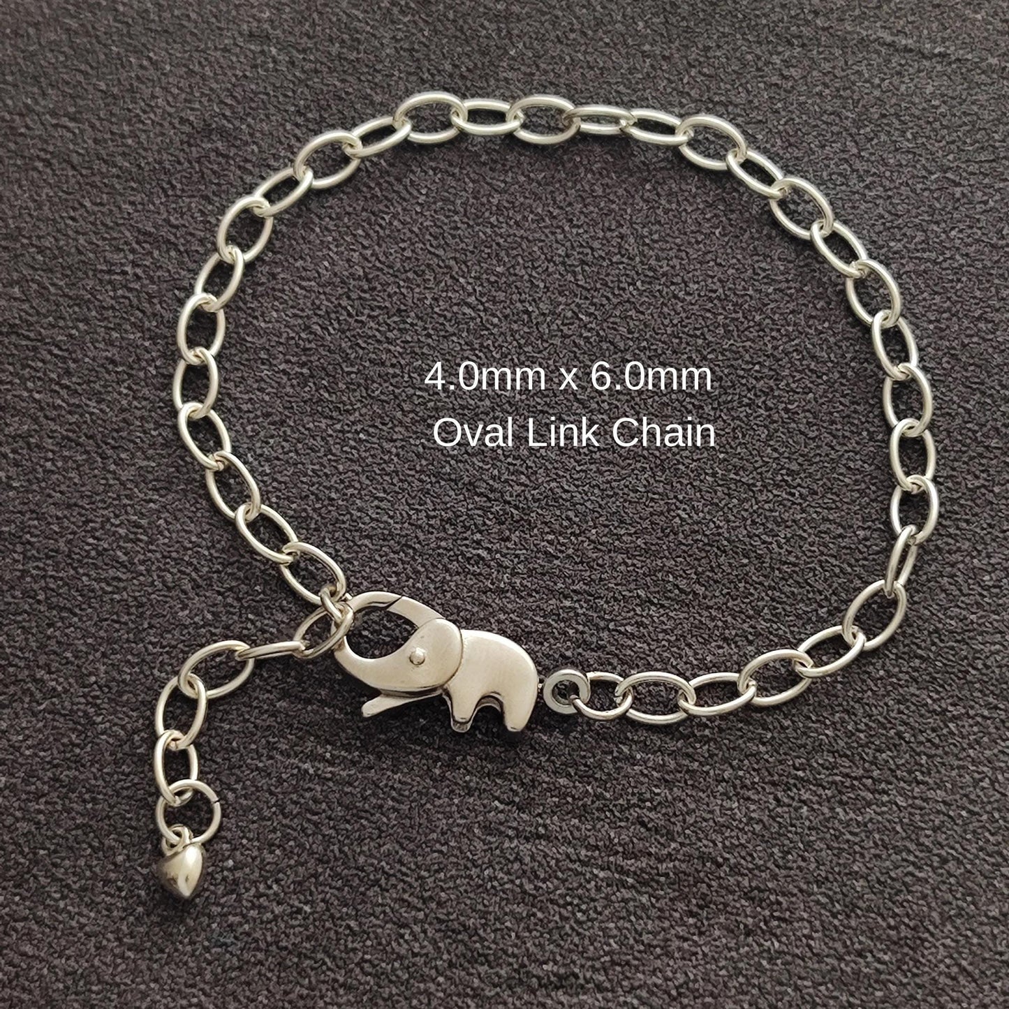 Sterling Silver Adorable Elephant Push in Spring Clasp Oval Chain Bracelet Lobster Clasp Bracelet Gift for Her 20 cm long