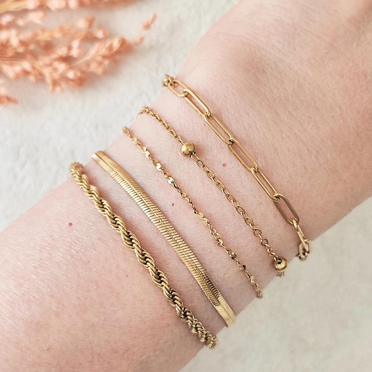 18K Gold Plated Chain Bracelet Set of 5, Tarnish Resistant Stackable Layered Herringbone Paperclip Wholesale Jewelry Gift for Her