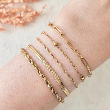 18K Gold Plated Chain Bracelet Set of 5, Tarnish Resistant Stackable Layered Herringbone Paperclip Wholesale Jewelry Gift for Her