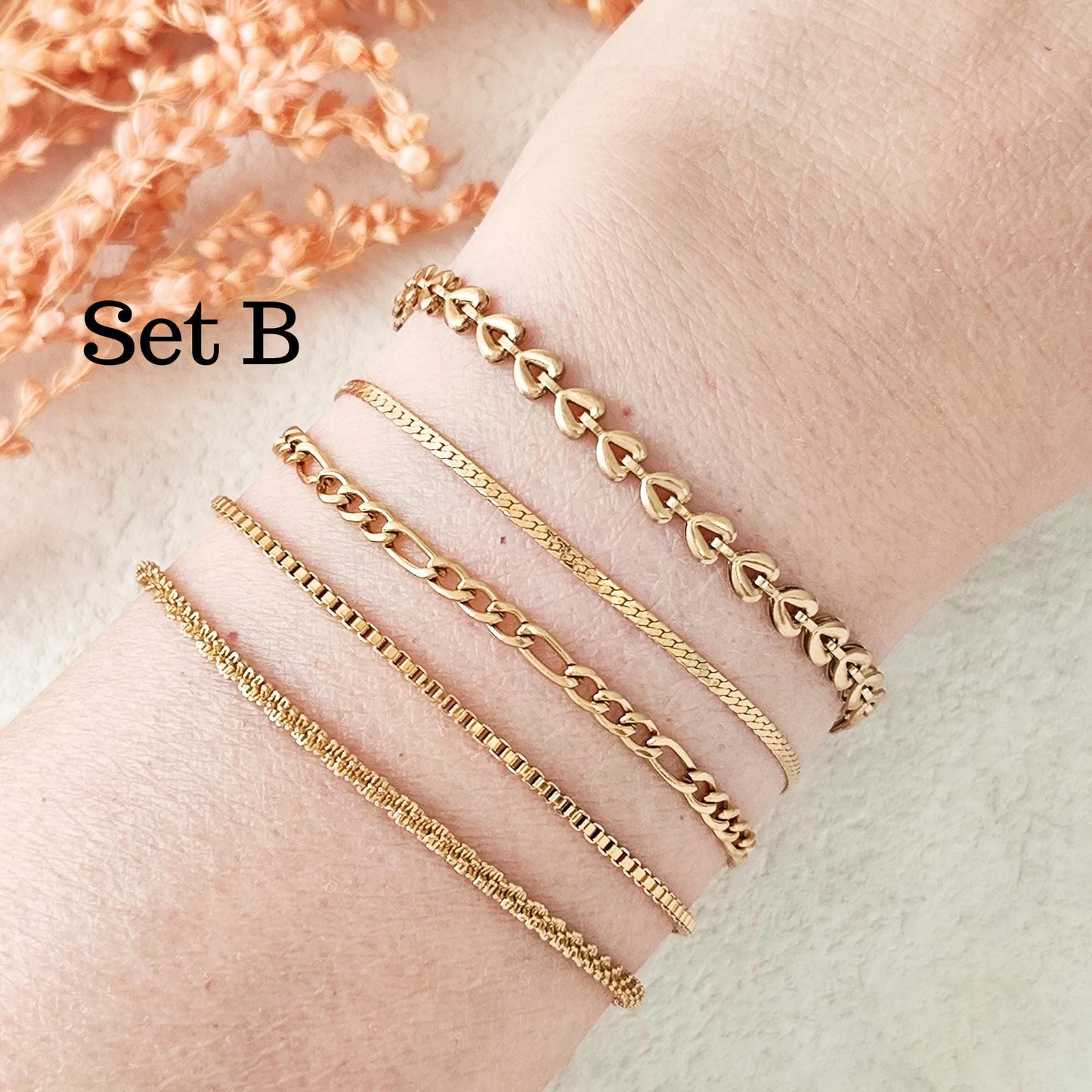 18K Gold Plated Chain Bracelet Set of 5, Tarnish Resistant Stackable Layered Herringbone Paperclip Wholesale Jewelry Gift for Her