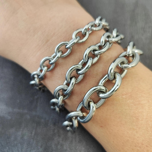 Unisex Stainless Steel Chunky Oval Link Chain Bracelet with Toggle Clasp, Waterproof Bold Rolo Cable Chain Wholesale Mens Jewelry Gift