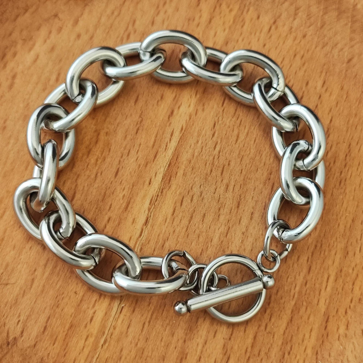 Unisex Stainless Steel Chunky Oval Link Chain Bracelet with Toggle Clasp, Waterproof Bold Rolo Cable Chain Wholesale Mens Jewelry Gift