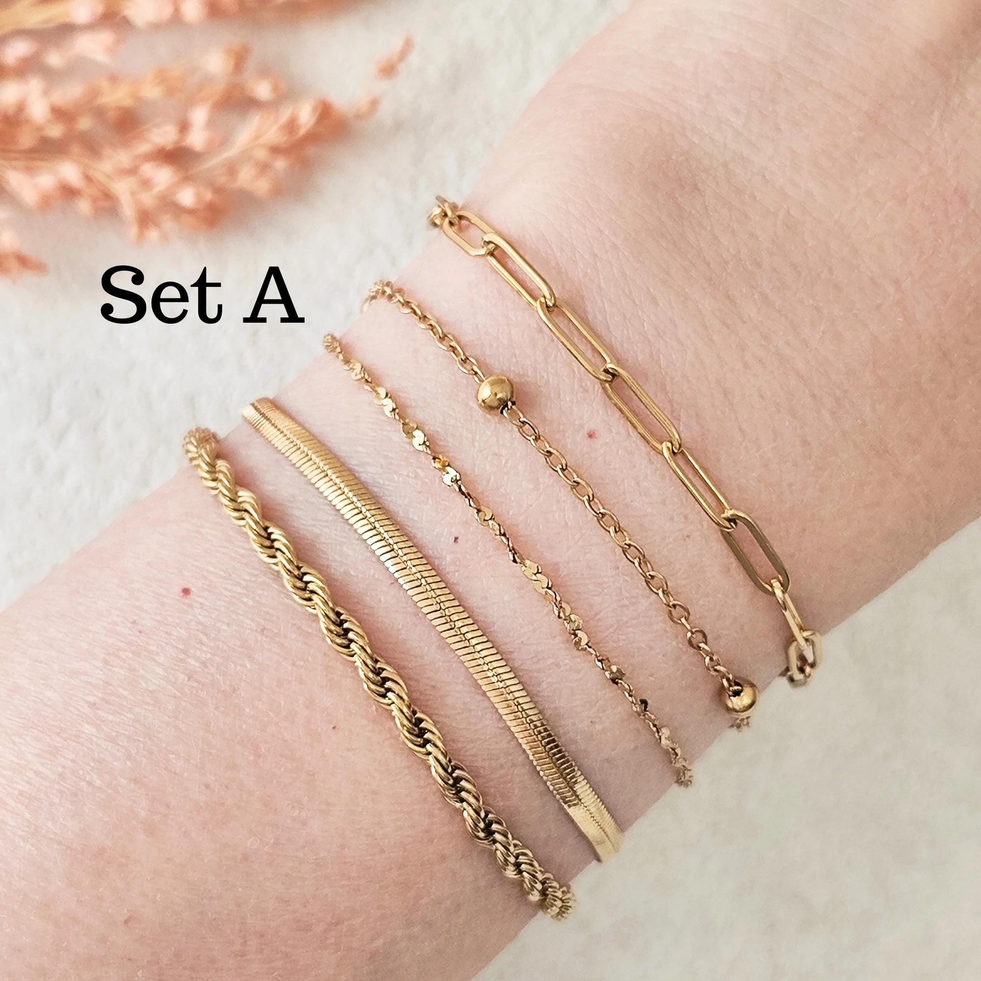 18K Gold Plated Chain Bracelet Set of 5, Tarnish Resistant Stackable Layered Herringbone Paperclip Wholesale Jewelry Gift for Her