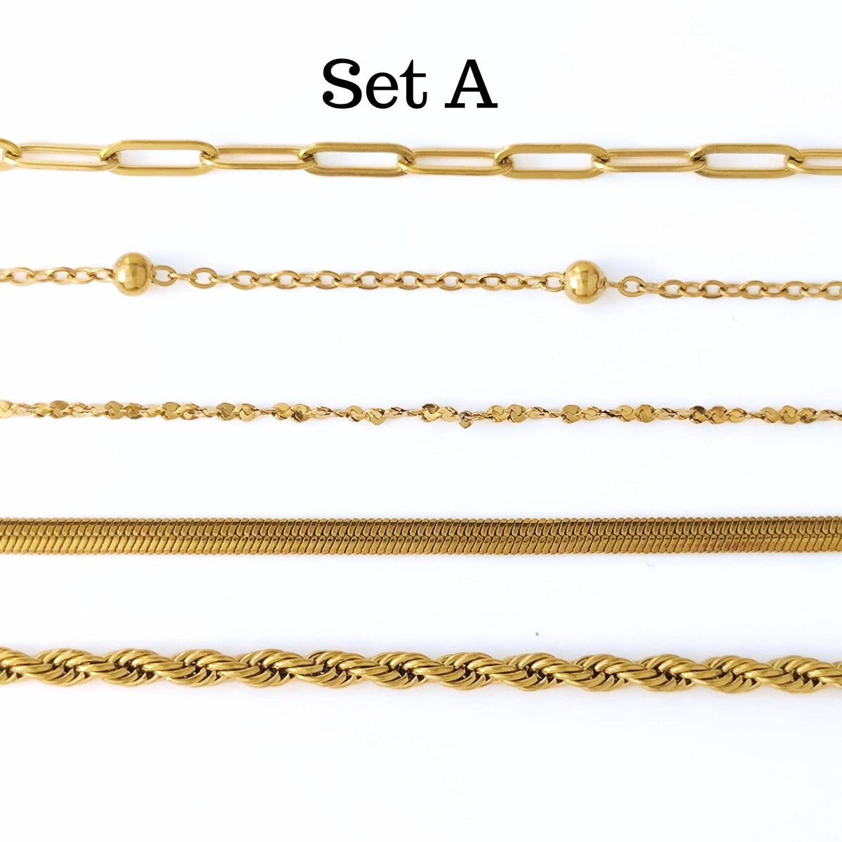 18K Gold Plated Chain Bracelet Set of 5, Tarnish Resistant Stackable Layered Herringbone Paperclip Wholesale Jewelry Gift for Her