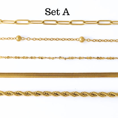 18K Gold Plated Chain Bracelet Set of 5, Tarnish Resistant Stackable Layered Herringbone Paperclip Wholesale Jewelry Gift for Her
