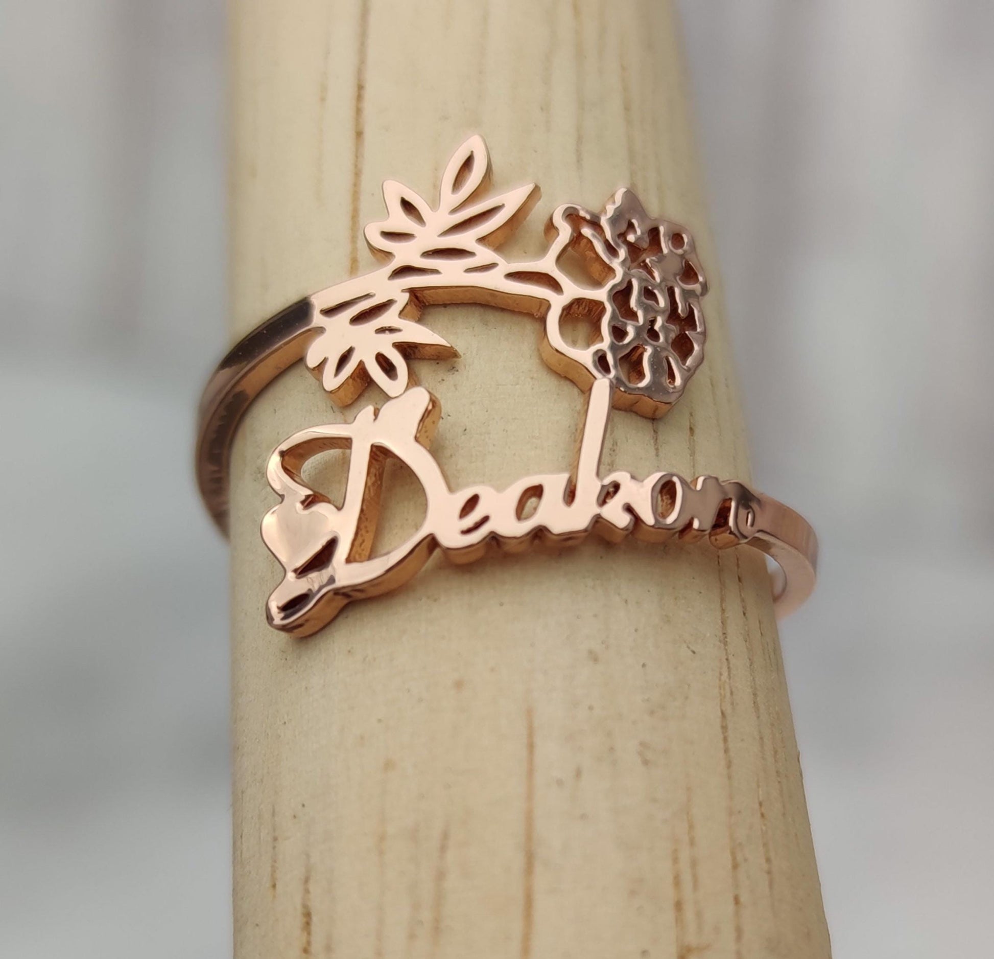 Personalized Birth Month Flower Ring, Custom Name Initial Signet Rings, Adjustable Stainless Steel Jewelry, Aesthetic Teen Girl Gift Idea