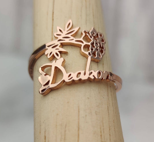 Personalized Name Ring, Stainless Steel Birth Month Flower Ring, Adjustable Custom Floral Signet Jewelry, Meaningful Sweet 16 Gift for Her