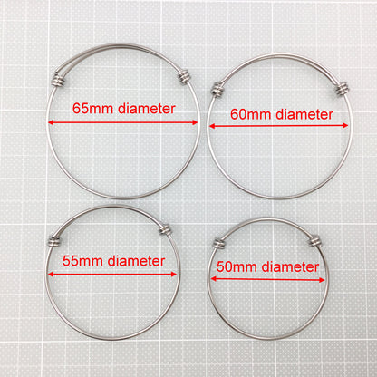 Available sizes of adjustable wire bangle bracelet 50mm for child age 5 to 10, 55mm for child age 10-15, 60mm for average adult wrist, 65mm for larger adult wrist 