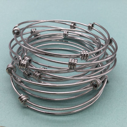 Bulk Lot 50 pcs Stainless Steel Adjustable Wire Bangle Bracelet 3 Loops Wrap Silver Tone 60mm