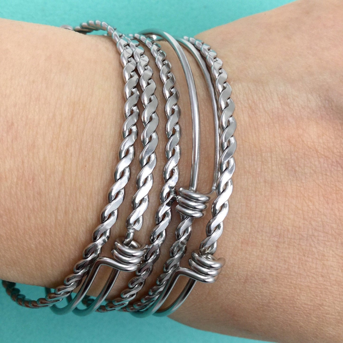 50pcs BRAIDED TWISTED Stainless Steel Adjustable Wire Bangle 3 Loops Wrap 60mm