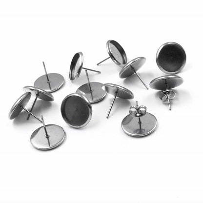 100pcs 12mm STAINLESS STEEL Blank Stud Earring Bezel Setting 316 Surgical Steel Post and Back