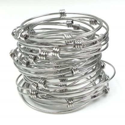 Bulk Lot 50 pcs Stainless Steel Adjustable Wire Bangle Bracelet 3 Loops Wrap Silver Tone 65mm for Large Wrist Size