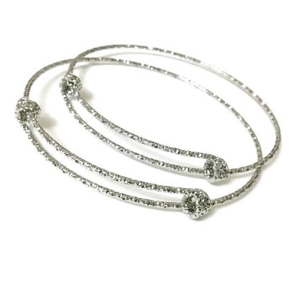 Bulk Lot 50 pcs Stainless Steel Engraved Glitter Mark Adjustable Wire Bangle Bracelet 3 Loops Wrap Silver Tone