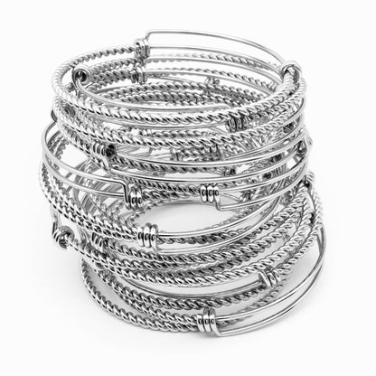 Bulk Lot 50pcs 3D Rope Style TWISTED Stainless Steel Adjustable Wire Bangle Bracelet 3 Loops Wrap Silver Tone