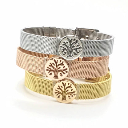 Stainless Steel Mesh Adjustable Wristband Bracelet 10mm with Filigree Tree Slide Charms - You Pick