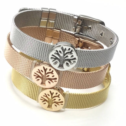 Stainless Steel Mesh Adjustable Wristband Bracelet 10mm with Filigree Tree Slide Charms - You Pick