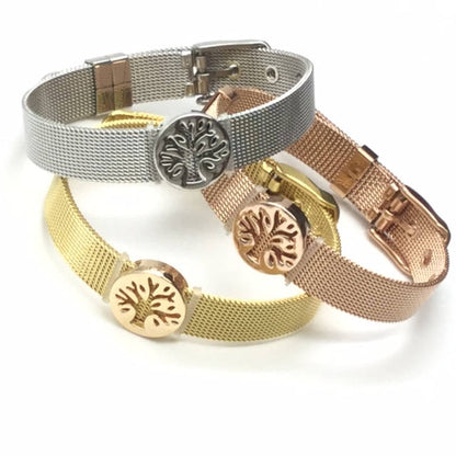 Stainless Steel Mesh Adjustable Wristband Bracelet 10mm with Filigree Tree Slide Charms - You Pick