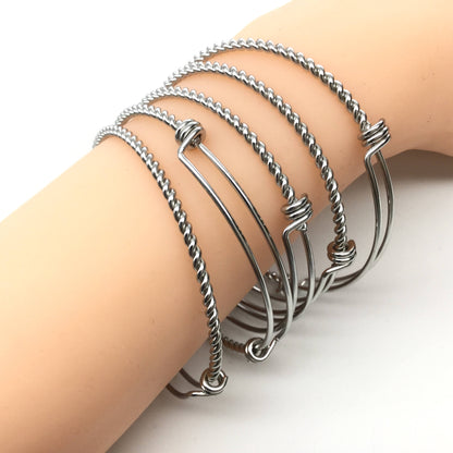 Bulk Lot 50pcs 3D Rope Style TWISTED Stainless Steel Adjustable Wire Bangle Bracelet 3 Loops Wrap Silver Tone