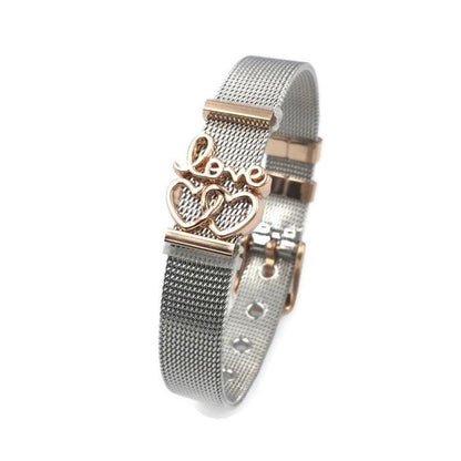 Stainless Steel Mesh Adjustable Wristband Bracelet 10mm Script Love Filigree Hearts - You Pick