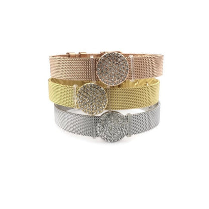 Stainless Steel Mesh Adjustable Wristband Bracelet 10mm with Rhinestones Disc Slide Charm - You Pick