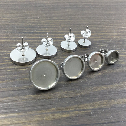 100pcs Thick Rim STAINLESS STEEL Blank Stud Earring Bezel Setting 316 Surgical Steel Post and Back - You pick
