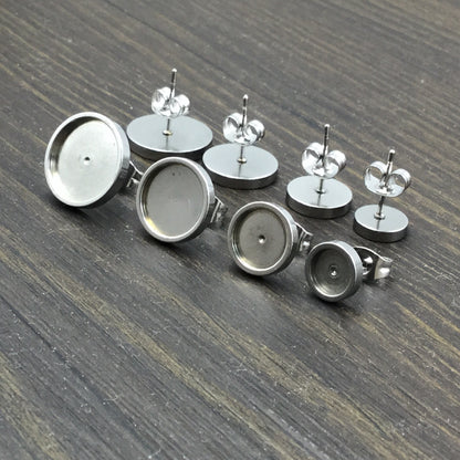 100pcs Thick Rim STAINLESS STEEL Blank Stud Earring Bezel Setting 316 Surgical Steel Post and Back - You pick