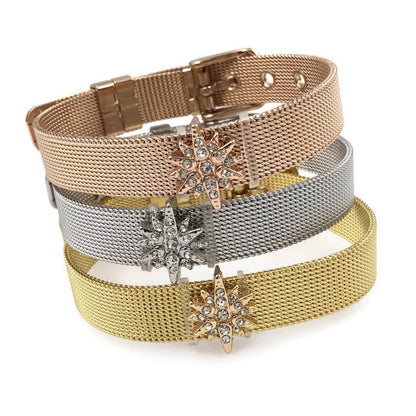 Stainless Steel Mesh Adjustable Wristband Bracelet 10mm with Rhinestone North Star Slide Charms - You Pick