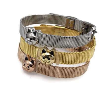 Stainless Steel Mesh Adjustable Wristband Bracelet 8mm with Cute Cat Face Slide Charm - You Pick