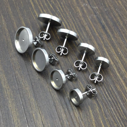 100pcs Thick Rim STAINLESS STEEL Blank Stud Earring Bezel Setting 316 Surgical Steel Post and Back - You pick