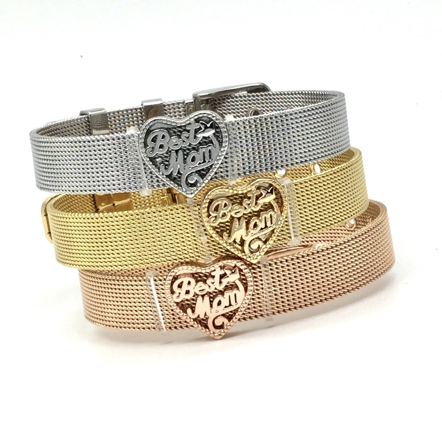 Stainless Steel Mesh Adjustable Wristband Bracelet 10mm with Filigree Best Mom Heart Slide Charms - You Pick