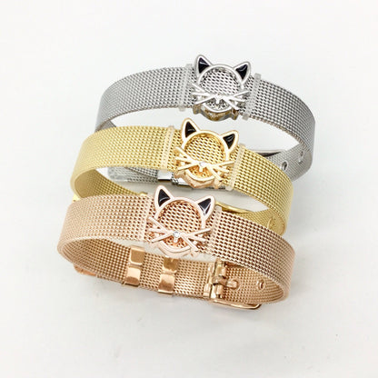 Stainless Steel Mesh Adjustable Wristband Bracelet 10mm with Filigree Cat Outline Slide Charms - You Pick
