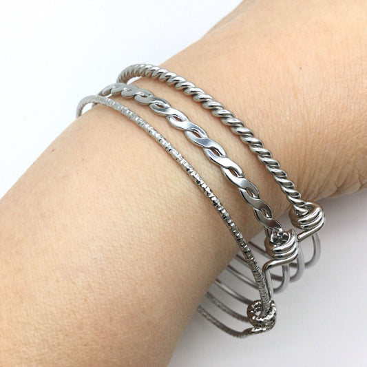 3 pcs Mix Style Twisted Beaided Glitter Mark Stainless Steel Adjustable Wire Bangle Bracelet