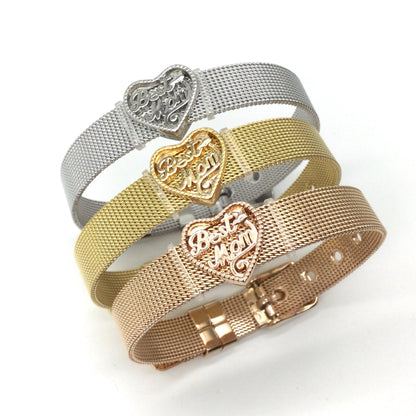 Stainless Steel Mesh Adjustable Wristband Bracelet 10mm with Filigree Best Mom Heart Slide Charms - You Pick