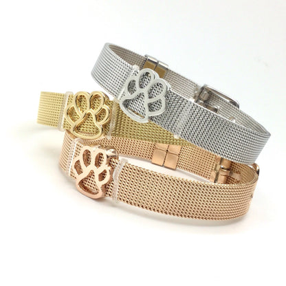 Stainless Steel Mesh Adjustable Wristband Bracelet 10mm with Filigree Paw Outline Slide Charms - You Pick
