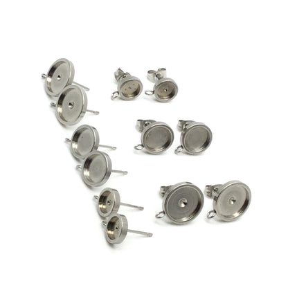 100pcs Thick Rim STAINLESS STEEL Blank Stud Earring Bezel Loop Connector Setting 316 Surgical Steel Post and Back - You pick