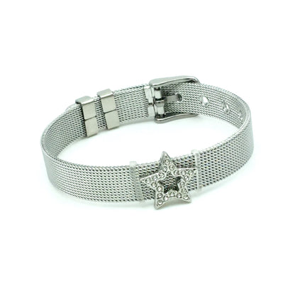 Stainless Steel Mesh Adjustable Wristband Bracelet 10mm with Rhinestone Star Ring Slide Charms - You Pick