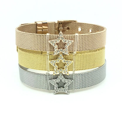 Stainless Steel Mesh Adjustable Wristband Bracelet 10mm with Rhinestone Star Ring Slide Charms - You Pick