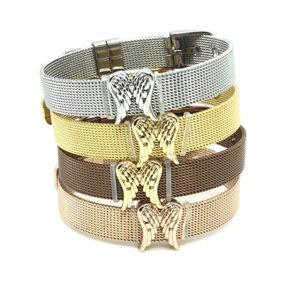 Stainless Steel Mesh Adjustable Wristband Bracelet 10mm with Angel Wing Slide Charms - You Pick