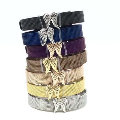 Stainless Steel Mesh Adjustable Wristband Bracelet 10mm with Angel Wing Slide Charms - You Pick