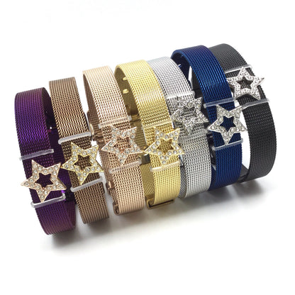 Stainless Steel Mesh Adjustable Wristband Bracelet 10mm with Rhinestone Star Ring Slide Charms - You Pick