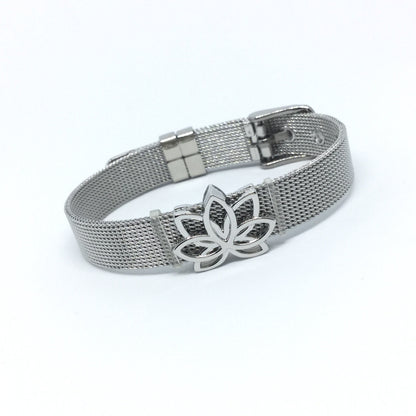 Stainless Steel Mesh Adjustable Wristband Bracelet 10mm with Filigree Lotus Slide Charms - You Pick