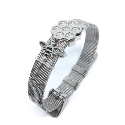 Stainless Steel Mesh Adjustable Wristband Bracelet 10mm with Bee Hive Slide Charms - You Pick