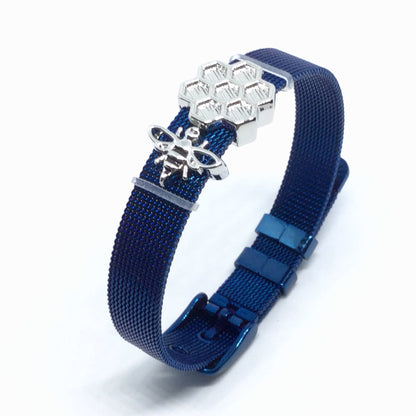 Stainless Steel Mesh Adjustable Wristband Bracelet 10mm with Bee Hive Slide Charms - You Pick