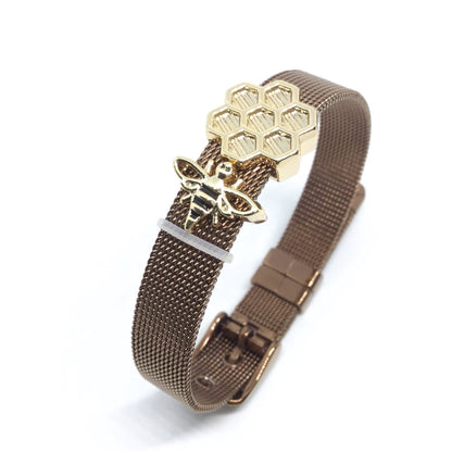 Stainless Steel Mesh Adjustable Wristband Bracelet 10mm with Bee Hive Slide Charms - You Pick