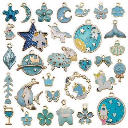 Enamel Mixed Rainbow Charms 30pcs Blue Combo Unicorn Space Ocean Fantasy Charm Series Single Side for DIY Jewelry Necklace Bracelet Earring